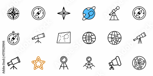 Explore the world with compasses, maps, telescopes, and globes for travel, adventure, and discovery in education, science, and exploration themes