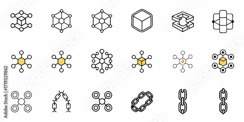 Blockchain and Cryptocurrency Icons for Financial Technology Innovation, Decentralized Networks, Modern Digital Currency, Data Security, Encryption, and Digital Assets