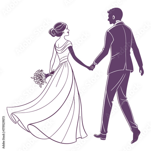 A newlywed couple walking hand in hand celebrating their wedding day