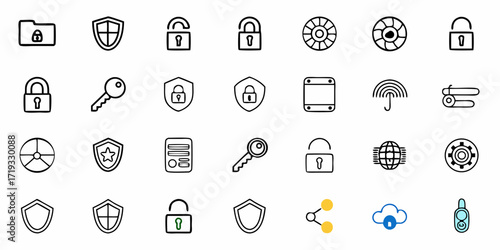 Secure data icons collection for privacy and protection, security shield and lock symbols ensuring safety and confidentiality in a digital age