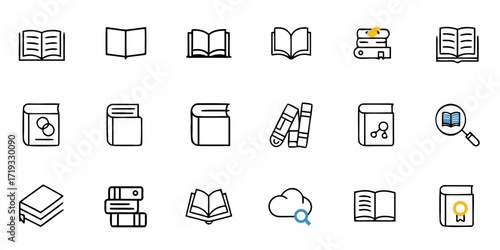 Explore knowledge with stylized book icons, perfect for education, research, and library themes in modern designs and illustrations for learning platforms