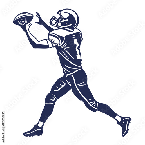 American football player catches a pass during an intense game action