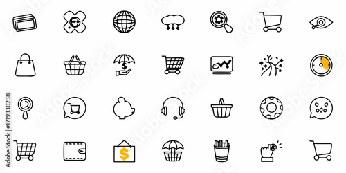 Modern collection of business and shopping icons showcasing commerce, finance, and online retail concepts for dynamic marketing and design projects.