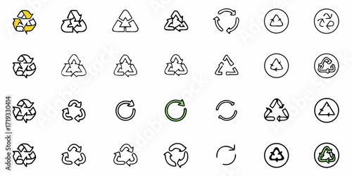 Diverse collection of recycling and refresh icons in various hand-drawn and outlined styles for eco-friendly design projects