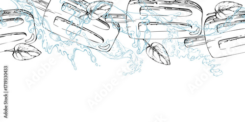 Ice pop lolly popsicle splashing through mint leaves, waves and drops hand drawn in vector ink. graphic seamless banner border header. Kids menu sticker, sweet product card, confectionery branding