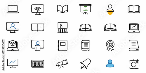 Modern educational icons capturing learning, technology, and professional development for dynamic presentations and digital content.