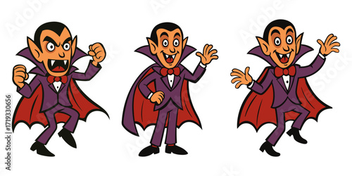 cute vampire character. Funny Dracula in different poses. Halloween vector illustration with fangs, cape and tuxedo. Spooky mascot design for holiday decoration and party
