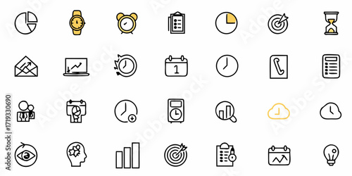 Dynamic business icons representing time management, strategy, goals, and productivity for modern professional projects