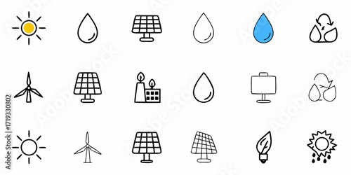 Dynamic icons representing renewable energy sources like sun, wind, water, and solar power, perfect for eco-friendly projects and sustainable campaigns