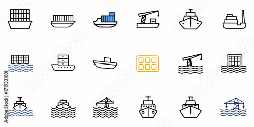 Dynamic collection of modern shipping and cargo vessel icons ideal for logistics and maritime industry presentations
