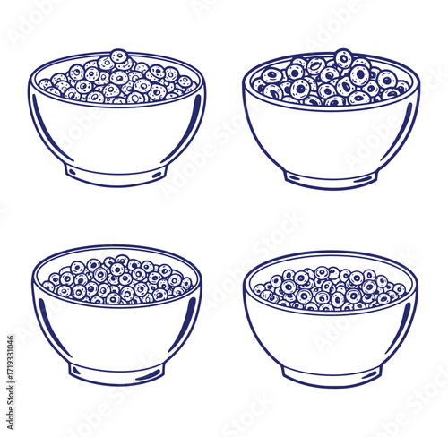 Vector illustration featuring four bowls filled with breakfast cereal for a healthy start to the day.
