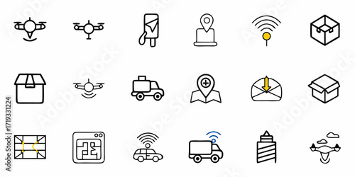 Dynamic drone delivery system icons showcasing logistics, tracking, and modern transportation solutions for seamless global commerce and innovation.