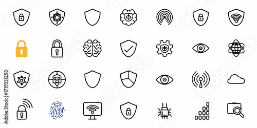 Modern security and technology icons collection featuring locks, shields, brains, eyes, and network symbols for digital protection and data safety concepts.