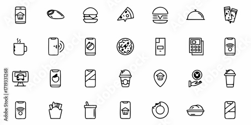 Modern food delivery icons set for apps and websites featuring burgers, pizza, coffee, and mobile ordering convenience
