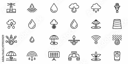 Dynamic collection of modern icons representing water management, irrigation, weather, and smart technology for agriculture and environmental concepts.