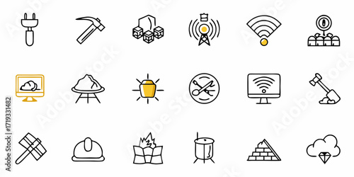 Dynamic collection of diverse icons representing technology, mining, and abstract concepts for modern digital projects and presentations
