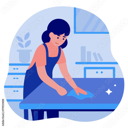 Asian woman wiping table with cloth in kitchen environment  