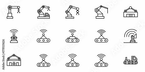 Modern technology icons showcase industrial robots, automated systems, and smart factory automation for future innovation and efficiency