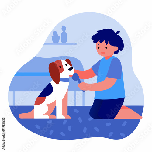 Child grooming dog while kneeling on floor indoors  