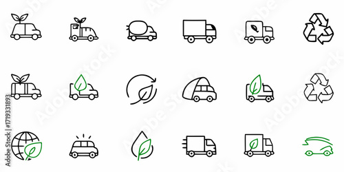 Eco-friendly transportation icons featuring green leaves, recycling symbols, and electric vehicles for sustainable logistics and green initiatives