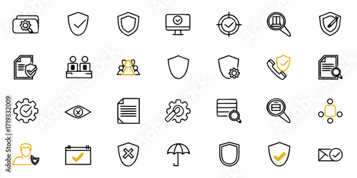 Modern security and compliance icons set for business data protection, digital safety, and operational efficiency, conveying trust and reliability.
