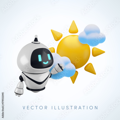 Vector cartoon 3d AI weather forecast chat bot assistant banner. Realistic 3d render robot with clouds and sun. Artificial intelligence providing weather service, agriculture regulation system concept