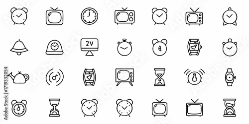 Collection of modern timekeeping and broadcast icons including alarm clocks, vintage televisions, hourglasses, and wristwatches for a dynamic digital presentation.