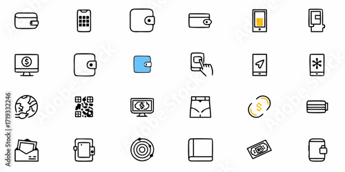 Diverse financial icons representing modern payments, digital wallets, and global transactions for dynamic business use