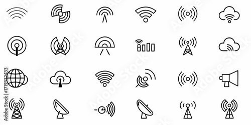 Dynamic icons representing connectivity, broadcasting, and signal transmission for modern technology and communication design projects
