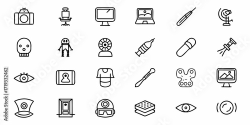 Diverse collection of modern icons representing technology, science, and everyday objects, perfect for digital design and creative projects