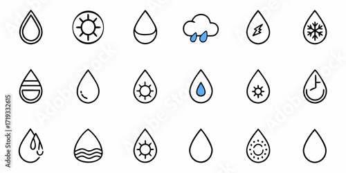 Captivating collection of water drop icons symbolizing various weather and natural elements for dynamic design projects.
