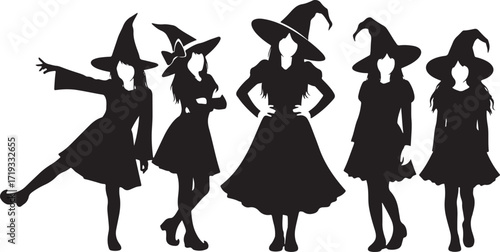 Silhouette of five witches in various poses wearing pointed hats and dresses
