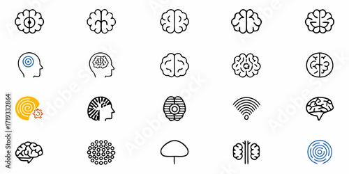 Diverse brain icons symbolizing intelligence, ideas, cognition, and mental processes for innovation and creativity concepts