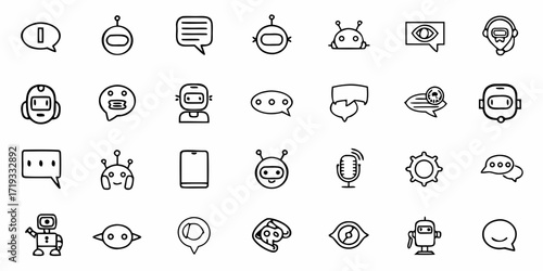 Modern digital icons featuring chatbots, robots, communication bubbles, and technology symbols for creative projects