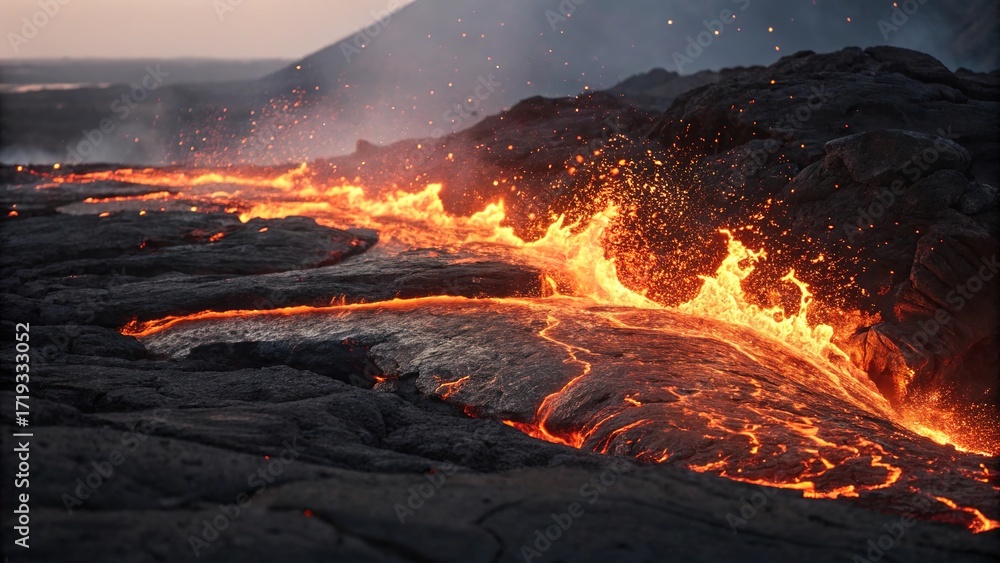Fototapeta premium Molten lava flows create dynamic surface texture at an active volcano during sunset