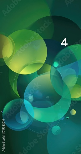 Abstract design with overlapping, vibrant circles in shades of green and teal.  Number 