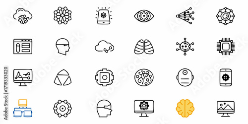 Vibrant collection of modern AI and technology icons representing innovation, data, and digital transformation concepts for business and design projects