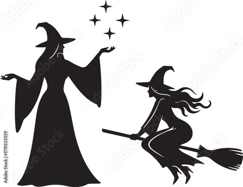 Two silhouetted witches one flying on a broom and one casting magic stars