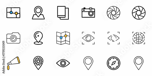 Captivating collection of travel photography and navigation icons capturing adventure and exploration with a modern artistic flair