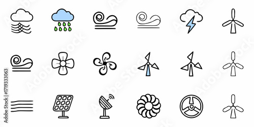 Diverse renewable energy and weather icons including wind turbines, solar panels, rain, and lightning for modern environmental concepts