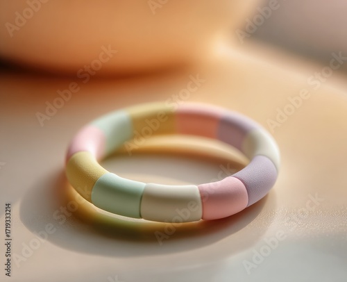 Pastel-colored, segmented rubber band bracelet on a light surface