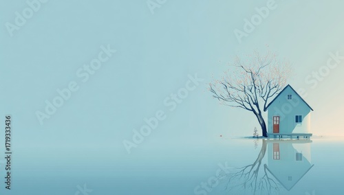 Calm, pastel-toned landscape with a small house and bare tree reflected in a still body of water