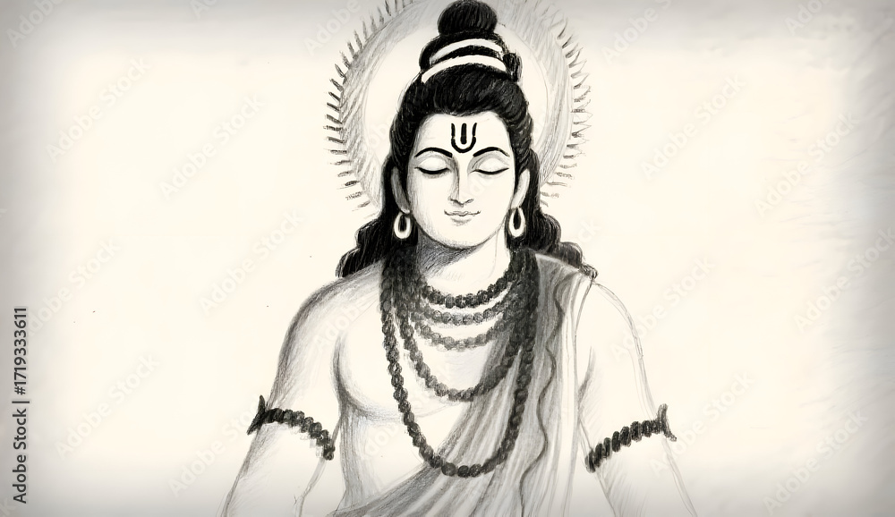 Fototapeta premium Pencil Sketch of Lord Shiva in Peaceful Meditation