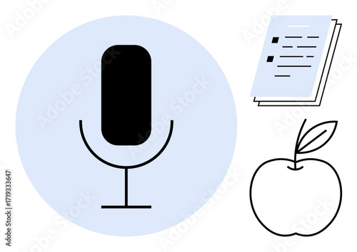 Microphone symbol for recording, document representing learning, and apple suggesting health. Ideal for education, health, learning, productivity, communication content creation lifestyle. A simple