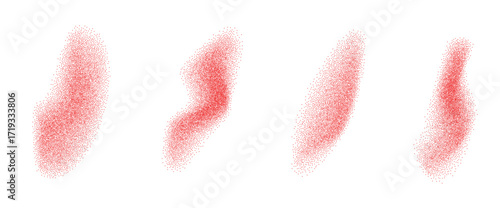 Spice red chili pepper powder splashes set. Dots paprika dust dynamic forms. Grunge dotwork gradient fluid splotches with waves. Masala or cayenne irregular shapes. Vector halftone illustration.