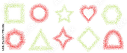 Chili pepper and wasabi noise gradation geometric shapes set. Grainy textured red and green y2k frame elements. Triangle, rhombus and round dotwork text boxes. Vector stickers forms.
