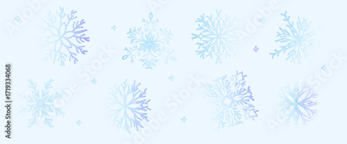 Snowfalls noise gradient background. Winter season grainy gradation snow flakes elements. Christmas celebration airbrush symbols. Vector simple halftone shapes isolated on blue background.