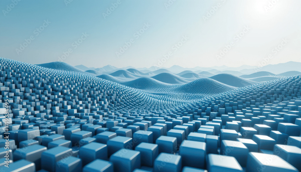 Naklejka premium Abstract blue cubes forming a wavy landscape under a bright sky