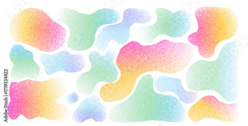 Organic vibrant gradient doodle shapes set. Irregular spray paint figures. Random abstract fluids. Uneven shape splashes. Wavy blob stains. Curvy liquid drops. Vector background design illustration.