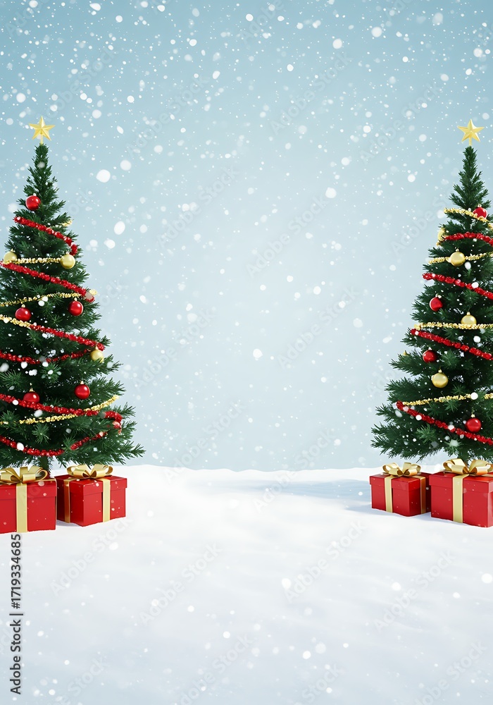 Fototapeta premium Decorated evergreen trees with red gifts in snow Christmas trees
